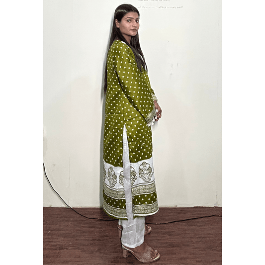 Green Bandhej Angrakha Suit - Colours Of Ethnic