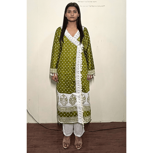 Green Bandhej Angrakha Suit - Colours Of Ethnic